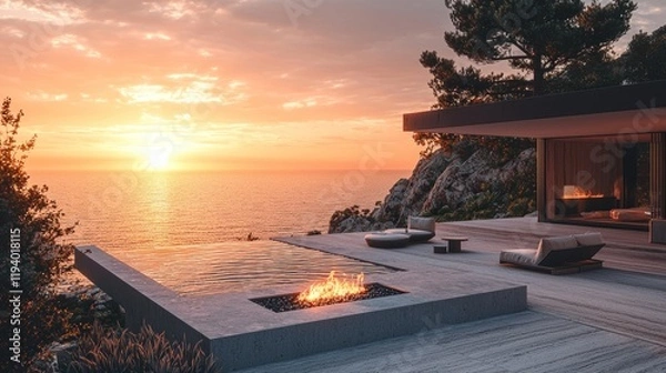 Fototapeta Ocean view home, infinity pool, sunset.
