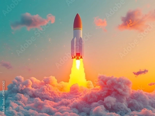 Fototapeta A 3D rocket model taking off in vivid red and yellow, framed by soft pastel smoke trails and an orange gradient sky, isolated on a muted cyan background