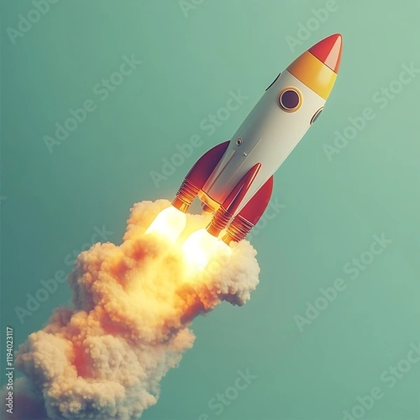 Fototapeta A zoomed-in shot of a 3D rocket in bright red and yellow hues, mid-takeoff with smooth gradients and soft shadows, isolated on a pastel green background