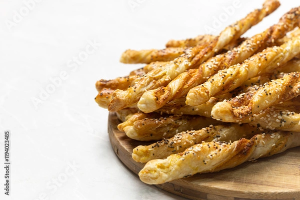 Obraz Golden Puff Pastry Sticks with Sesame and Chia Seeds on White Background