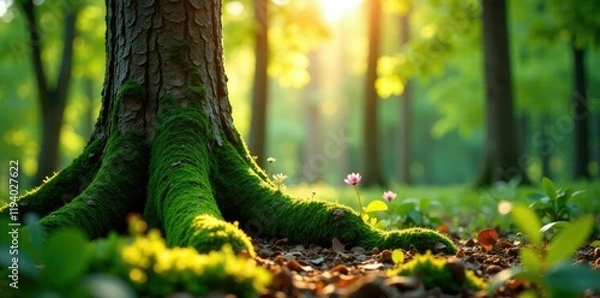 Fototapeta Moss-covered tree trunk in a sunny forest clearing, forest, moss, tree