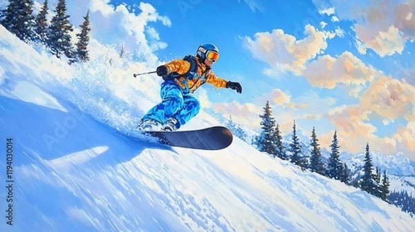 Obraz A snowboarder glides down a snowy slope against a vibrant sky and pine trees.