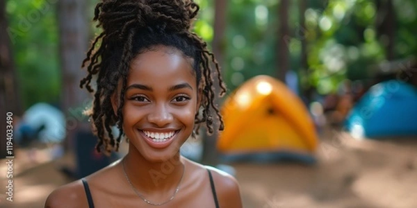 Fototapeta Black Woman Smiling at a Campsite with Tents in the Background