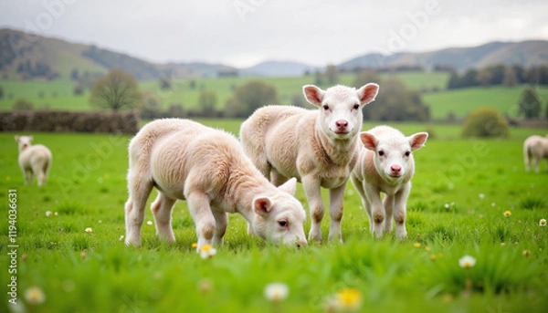 Obraz Three playful lambs grazing in green pasture