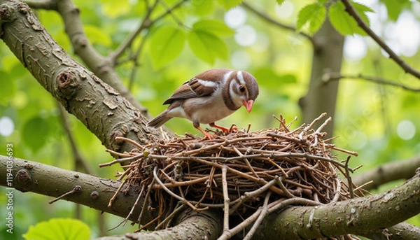 Obraz Bird observing nest in green foliage