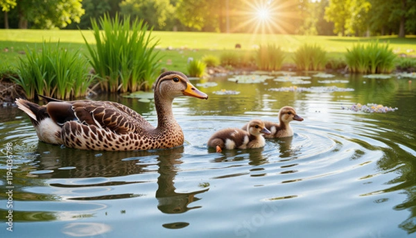 Obraz Mother duck swimming with ducklings in a serene pond