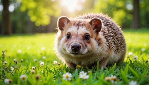 Obraz Hedgehog exploring grassy area with flowers