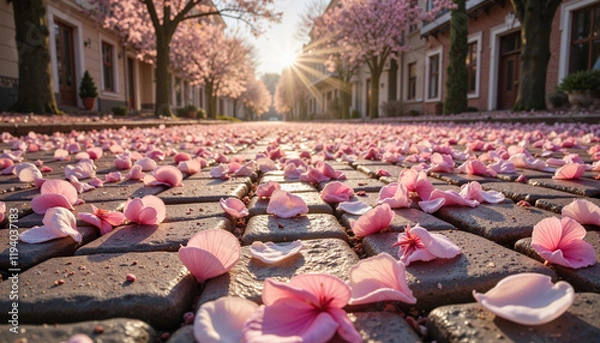 Obraz Pink flower petals scattered on cobblestone street