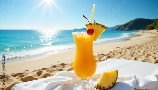 Obraz Tropical cocktail garnished with pineapple and cherry on a beachside table with ocean view