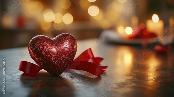 Obraz Heart-shaped chocolate box with red ribbon, glowing in candlelight, evokes romance and warmth.