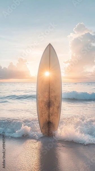 Obraz A surfboard stands in the ocean waves at sunset, capturing a serene beach scene.