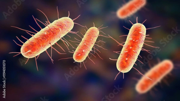 Obraz Close-up view of salmonella bacteria under a microscope, showcasing vibrant colors and rod-shaped structure, representing microbiology and scientific research concepts.