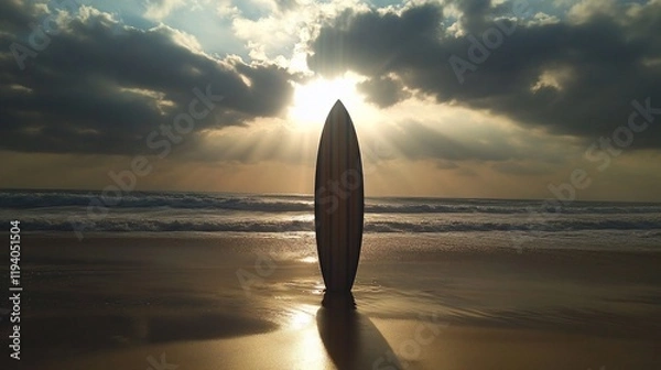 Obraz A surfboard stands on a beach at sunset, casting a silhouette against the dramatic sky.