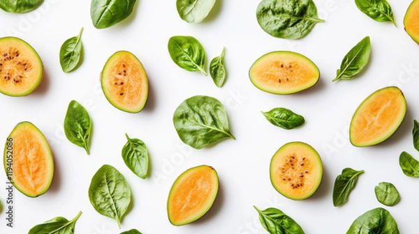 Fototapeta Fresh colorful vegetables and fruits arranged in vibrant pattern on white surface, symbolizing healthy diet and nutrition for digestive wellness and gut health.