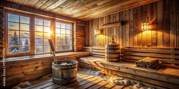 Fototapeta Warmth and tranquility bathe the wooden sauna with a panoramic view of the snow-covered landscape.