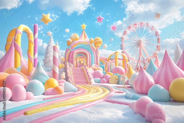 Fototapeta A whimsical candy-themed landscape with colorful structures and a ferris wheel.