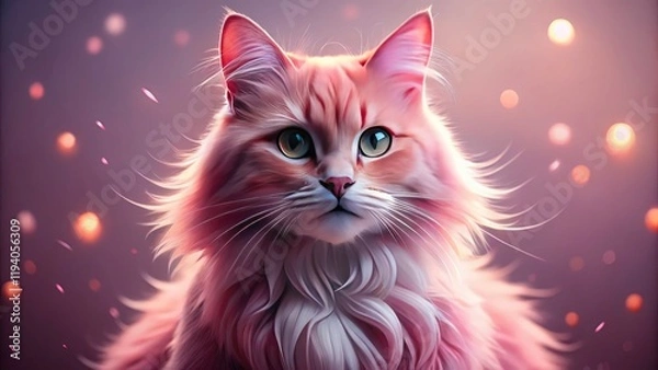 Fototapeta Pink Cat Portrait, High Depth of Field, Fluffy Pink Cat, Pastel Pink Background, Cute Kitten Photo
