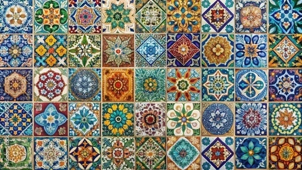 Fototapeta A vibrant mosaic of intricately patterned tiles, each square a testament to the artistry of hand-painted ceramics, showcases a kaleidoscope of colors and intricate designs.