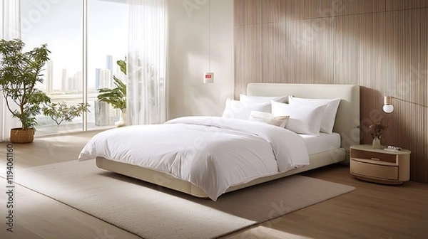 Fototapeta Modern minimalist bedroom decor contemporary style for urban high-rise apartments