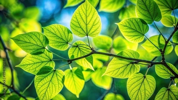 Fototapeta A Vibrant Tapestry of Sunlight Filtering Through Delicate Green Leaves, Illuminating the Intricate Veins of Nature's Masterpiece