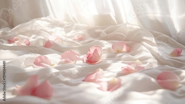 Fototapeta Delicate rose petals on silk, bathed in soft morning light, evoking a dreamy, romantic ambiance.