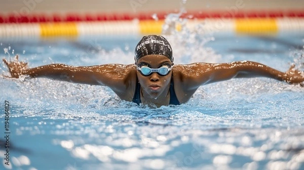 Obraz A swimmer performing the butterfly stroke in a pool, showcasing athleticism and focus.