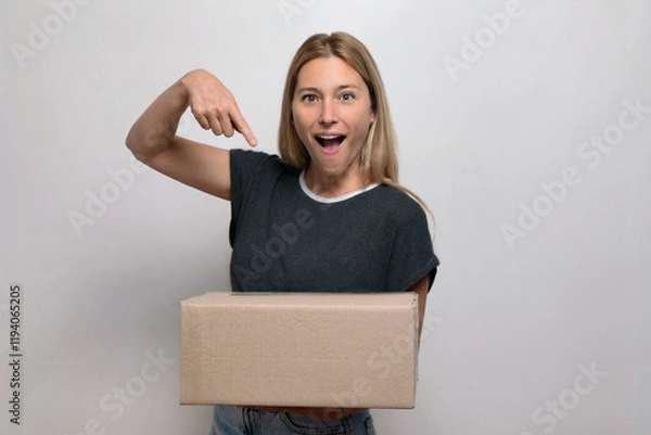Fototapeta Excited Female Indicating the Box with a Shocked Expression