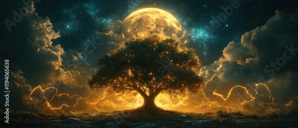 Fototapeta A mystical tree stands in the dark sky, illuminated by a large moon and surrounded by flashing lightning.