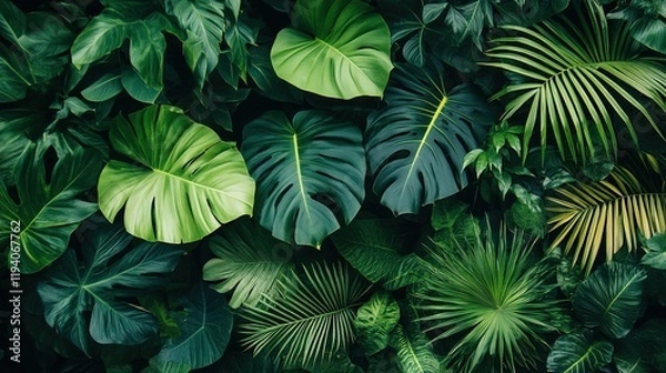 Fototapeta An aerial view of a tropical rainforest showcasing diverse tree canopies
