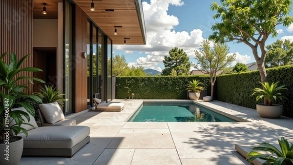 Obraz A serene rectangular swimming pool brimming with crystal-clear light blue water, surrounded by a sleek, gray tiled patio crafted from uniformly laid horizontal squares