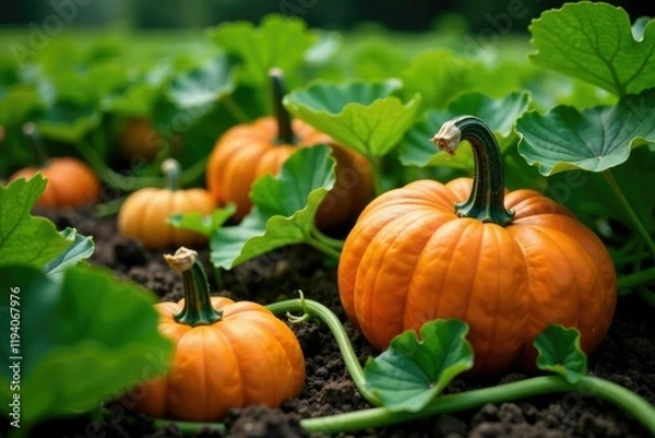 Obraz Overgrown pumpkin vines spreading in the garden, growth, seasons, pumpkins