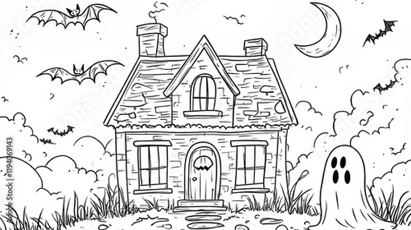 Fototapeta vector drawing with "Happy Halloween" , accompanied by a small pumpkin and a bat above the text.