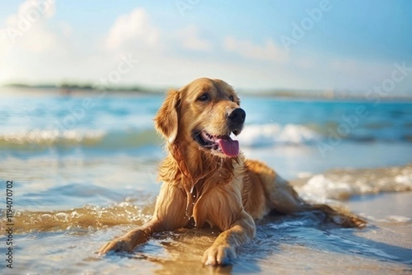 Fototapeta Golden retriever is playing in the water on the sandy beach in the summer. It is in the sea, beautiful sunny day. They have a nice time. They are happy and the best friends of his master.