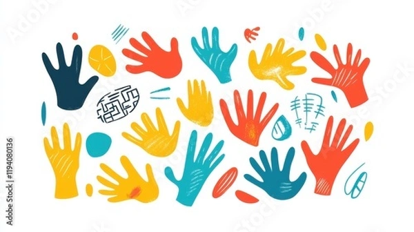 Fototapeta Colorful Abstract Hand Illustrations Displaying Diverse Hand Shapes and Patterns, Perfect for Creative Projects, Celebrating Art and Expression in Design