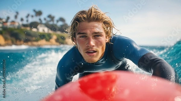 Obraz A young man surfing on a vibrant red board in a scenic ocean setting.