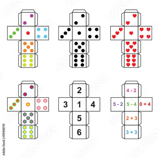 Obraz A set of six variants of dice paper template cut out, fold and glue
