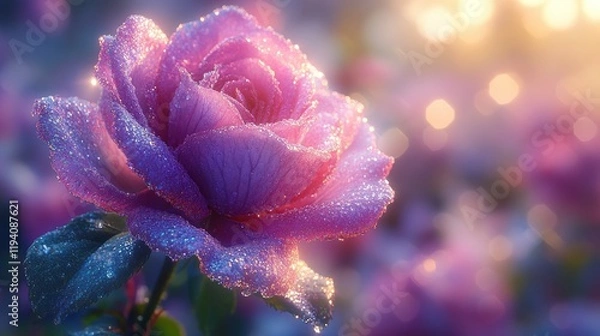 Fototapeta Dew-kissed pink rose at sunrise, glistening petals and soft bokeh background.