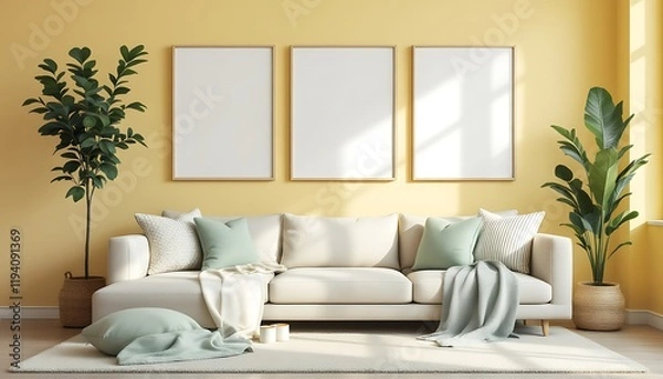 Fototapeta Yellow-walled living room, cozy sofa, plants, blank frames, sunlight.  Home decor mockup for interior design