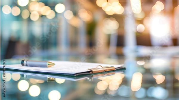 Fototapeta Corporate policy document on a sleek glass desk in a modern office setting, symbolizing professionalism and business clarity. Professional workplace and corporate governance concepts.