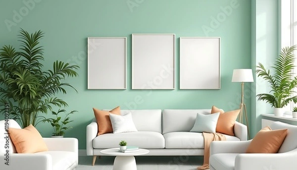 Fototapeta Modern living room interior design; mint wall, white sofa, plants