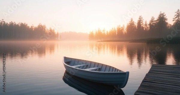 Fototapeta Serene Sunrise over Calm Lake with Rowboat and Misty Forest Background