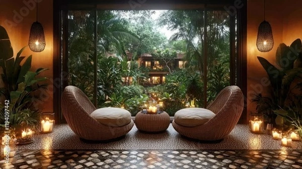 Fototapeta Tranquil lounge with wicker chairs, candles, and lush jungle view.