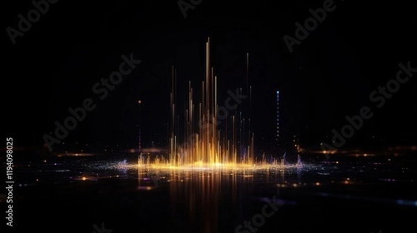 Fototapeta Abstract visualization of dynamic light waves emanating from a central point, creating a vibrant spectacle of glowing particles and radiant energy in a dark space.