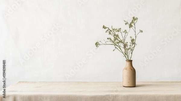 Obraz Dried flowers in a small vase on a linen tablecloth against a white wall.