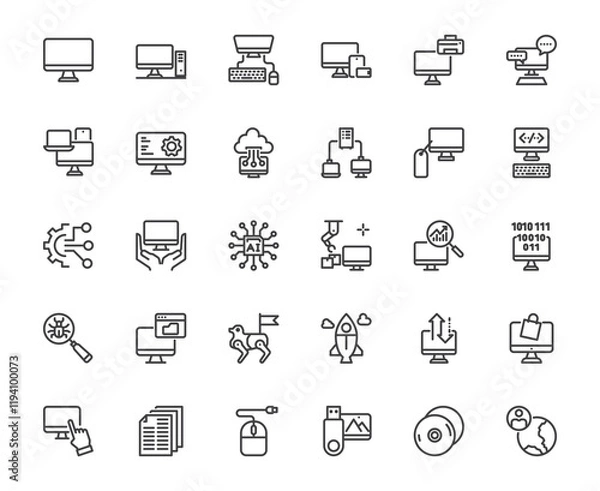 Fototapeta Vector thin line icon set of pc or screen device and related things, computer technology and office equipment, 48x48 pixel perfect editable stroke for website, media, mobile app, ux,ui design