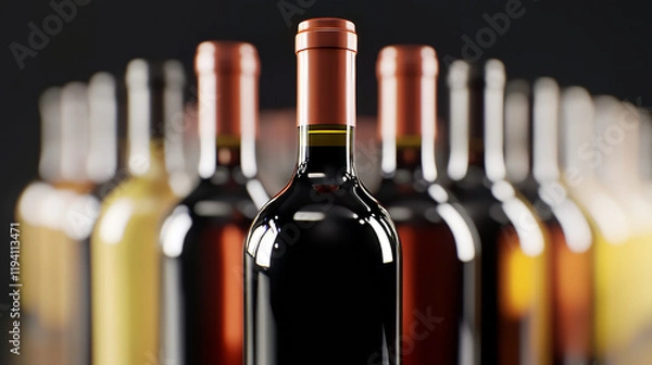 Obraz Wine Collection: A captivating close-up of a row of elegant wine bottles, showcasing a vibrant spectrum of colors and hues, with a focus on a single bottle in the foreground.