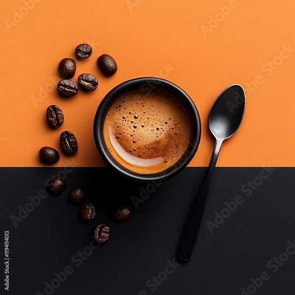 Fototapeta Top-down view of an espresso shot with a spoon and coffee beans placed symmetrically on an {random colour} surface.
