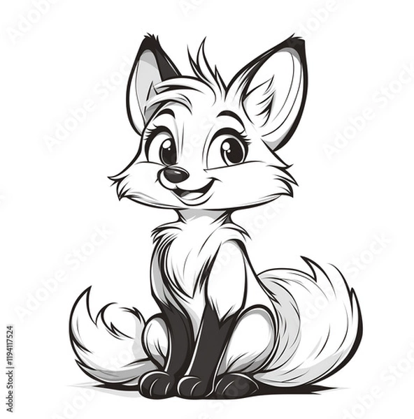 Fototapeta cute fox, smiling and sitting down, in a simple doodle style. Vector line art, clipart on a white background. 