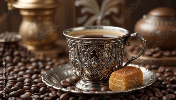 Fototapeta Aromatic coffee in an ornate silver cup sits on a bed of roasted beans, accompanied by a sweet treat.