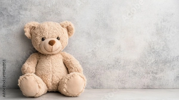 Fototapeta A soft, beige teddy bear rests against a plain wall, radiating warmth and comfort in a softly lit indoor setting, inviting feelings of nostalgia